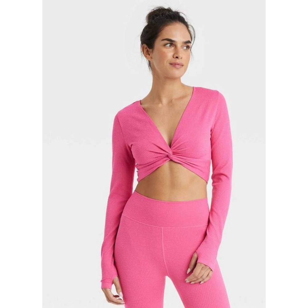 Joy Lab Pink Activewear Crop Top Twist Front Ribbed Long Sleeve Thumbholes XL